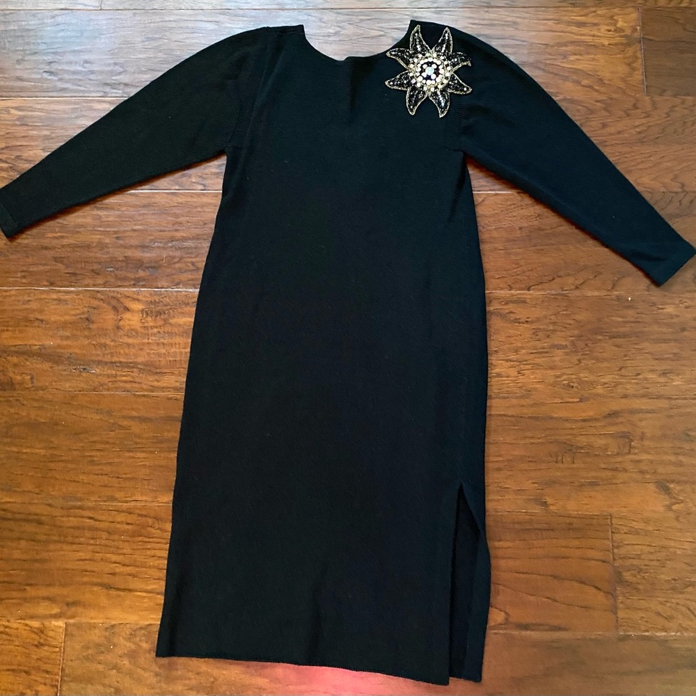 VINTAGE NEIMAN MARCUS ADOLFO Black-beaded detail KNIT Dress 3/4 Sleeve Crew Neck